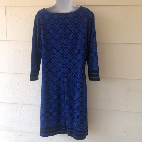 Talbot’s Midi Dress Royal Blue & Black Geo Design Contrasting Trim Sz Medium - Picture 9 of 16